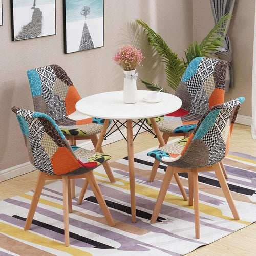 Modern 4 Chair Patchwork Dining Set with 80cm Round Table - Compact & Stylish