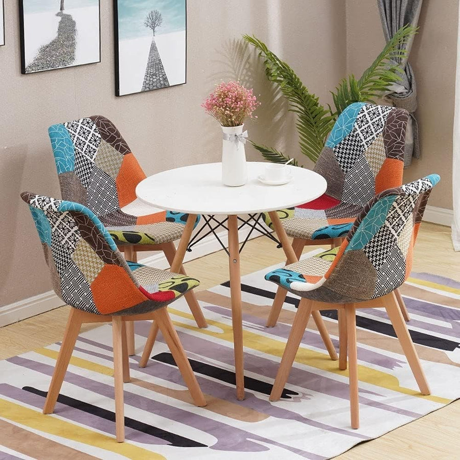 Modern 4 Chair Patchwork Dining Set with 80cm Round Table - Compact & Stylish
