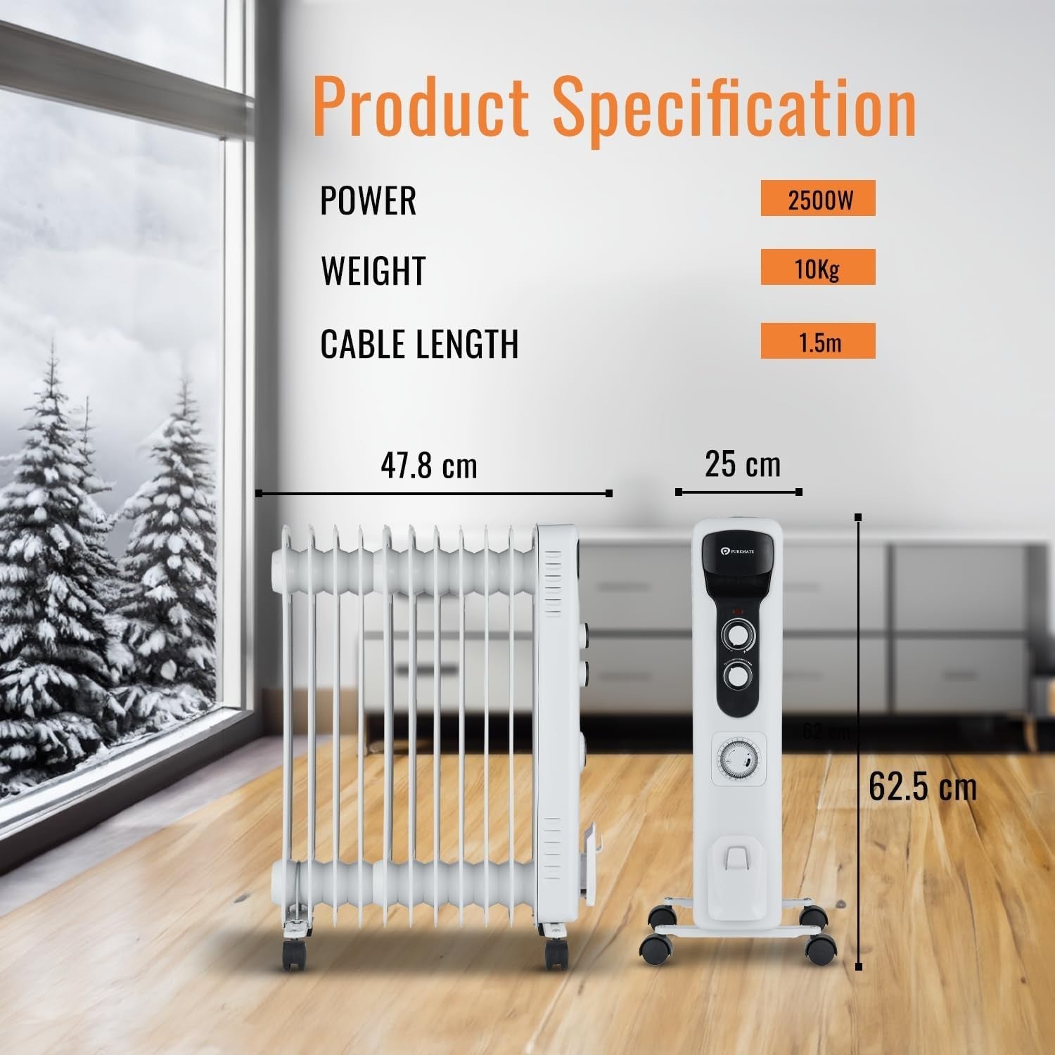 Oil Filled Radiator Heater 2500W 11 Fin Electric Portable Heater Timer