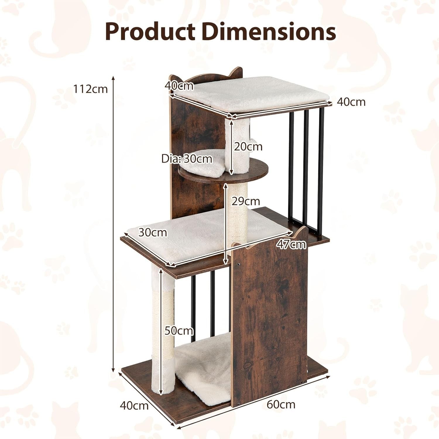 Modern Cat Tree Tower 112cm Multi Level Wooden Scratching Post Play Centre