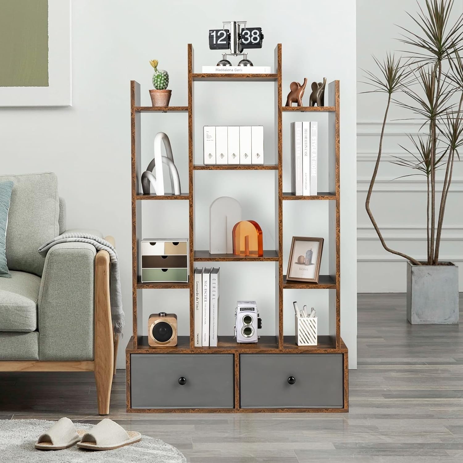 12-Tier Rustic Brown Wooden Bookshelf with 2 Foldable Drawers, Space Saver