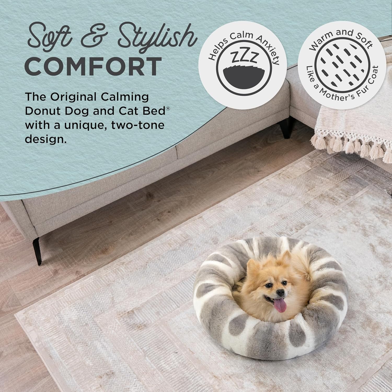 Calming Donut Dog Bed 23x23 Faux Fur Anti Anxiety Grey