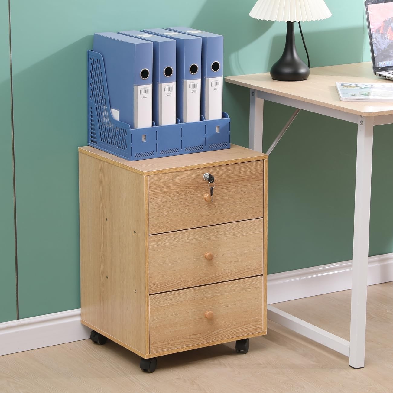 Oak Rolling Lockable Drawer Cabinet 3 Tier Under Desk File Storage