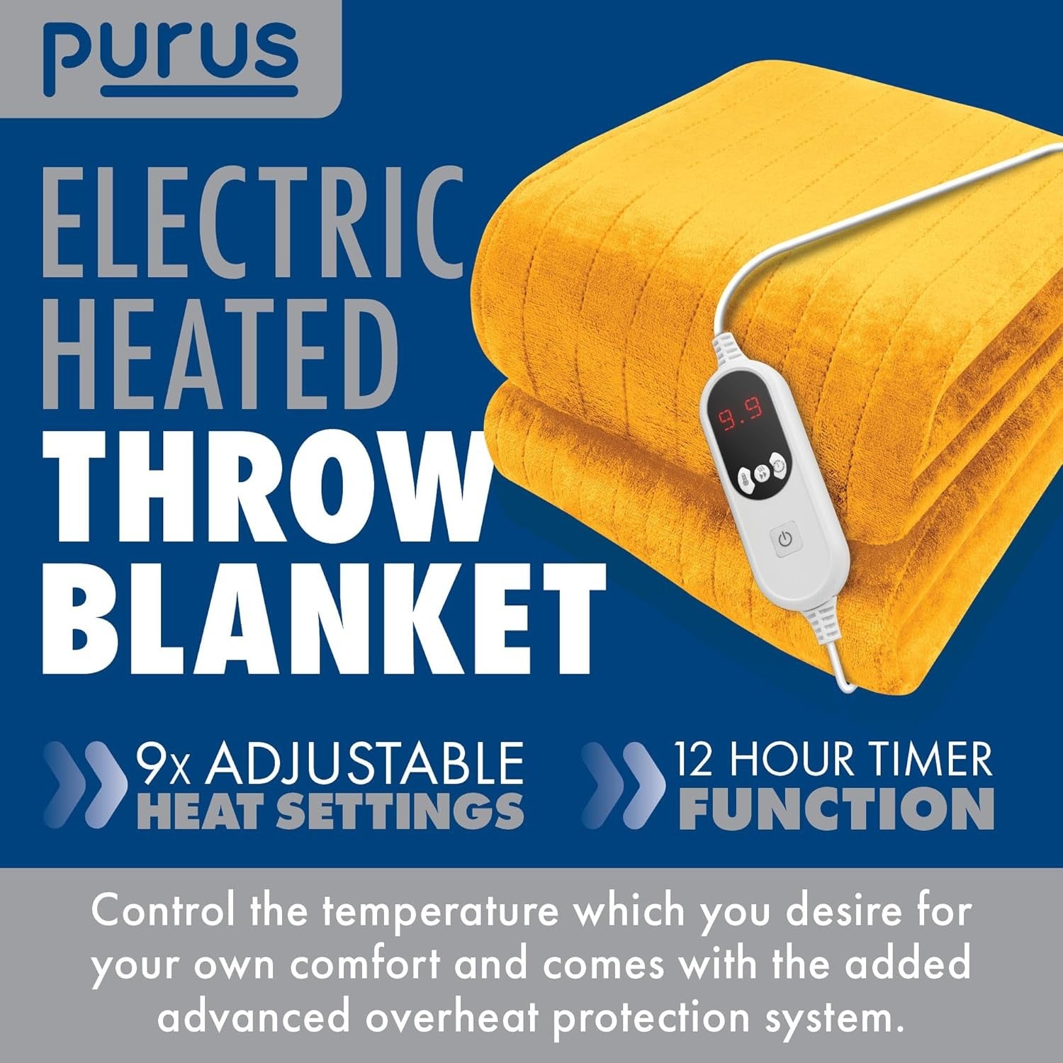 Electric Heated Throw Blanket XL 9 Heat Settings Timer Washable Gold
