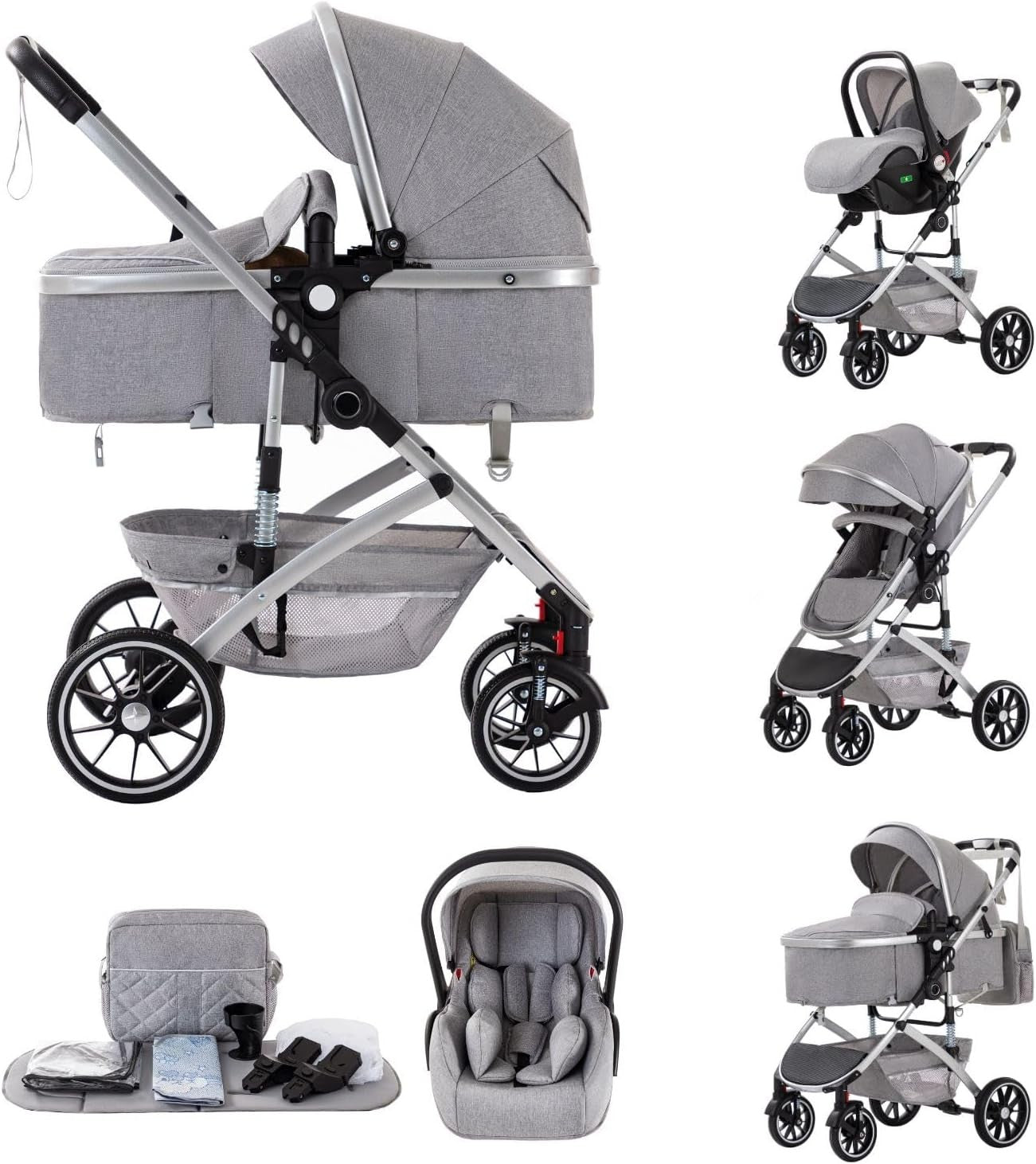3-in-1 Baby Stroller Travel System Pram Car Seat Foldable Light Gray