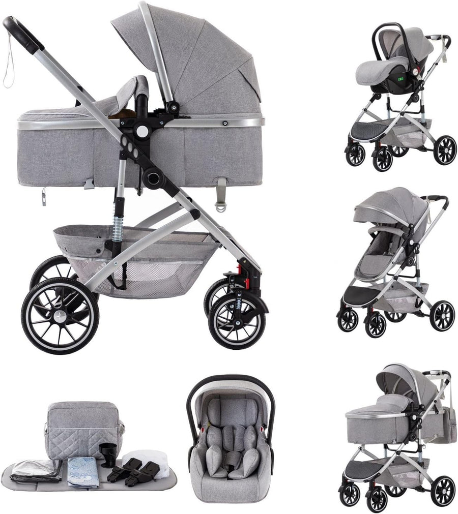 3-in-1 Baby Stroller Travel System Pram Car Seat Foldable Light Gray