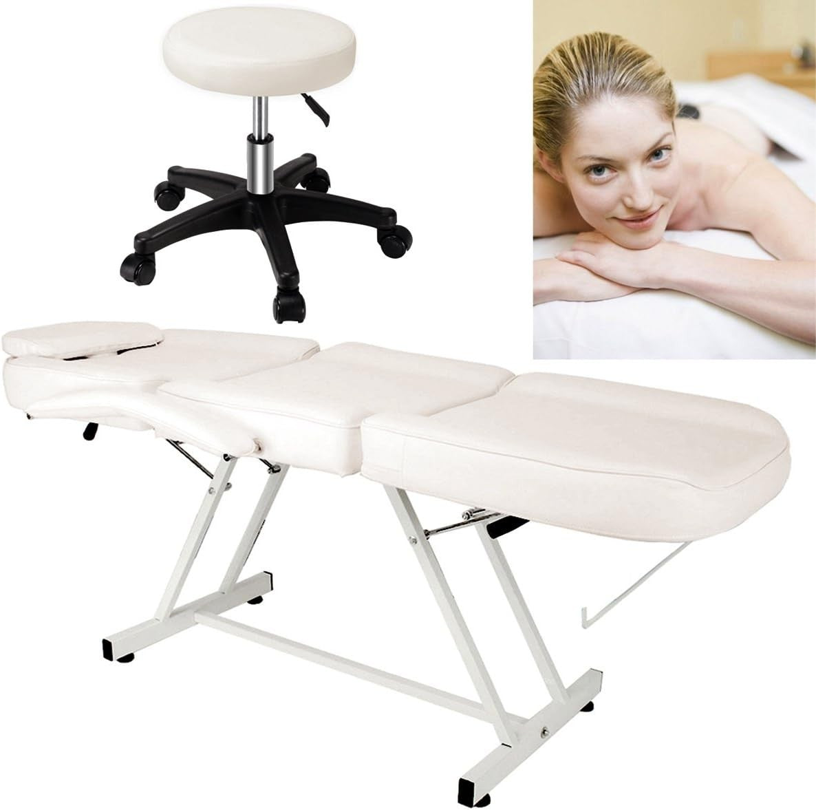 Beauty Massage Bed with Stool Adjustable 3-Section Salon Table Cream White