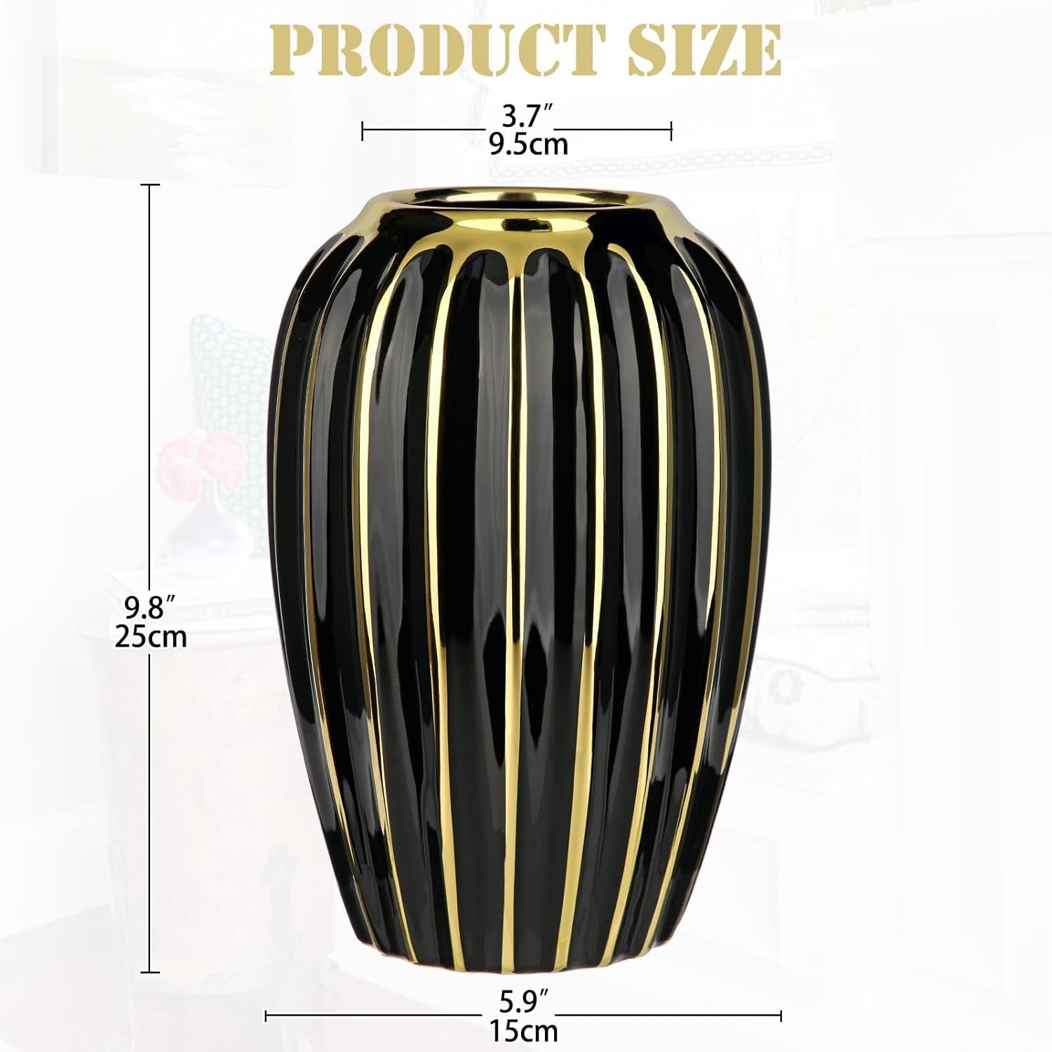 Black Gold Ribbed Ceramic Vase Luxury Decorative Floral Table Home Décor