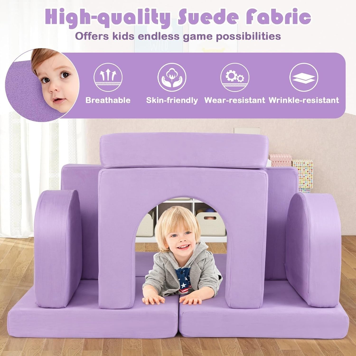 Kids Modular Play Sofa Purple 8pc Foam Couch Bed Set Washable Covers