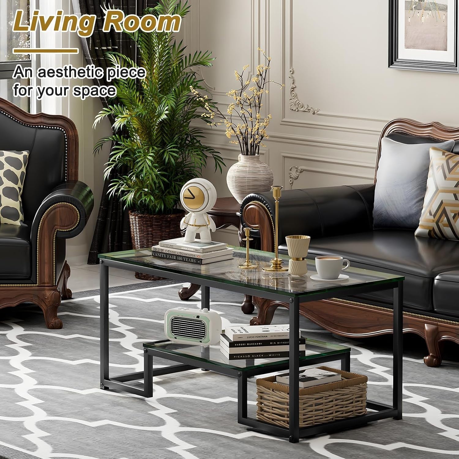 Modern Glass Coffee Table with Shelf – Black Metal Frame 2-Tier 100cm