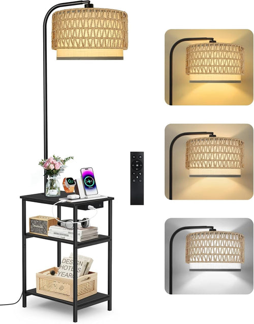 Floor Lamp with Table & Rattan Shade, Dimmable LED, USB Charging, Black