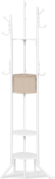 White Coat Rack with Shelves | Freestanding Hall Tree Organizer Stand 184cm Tall