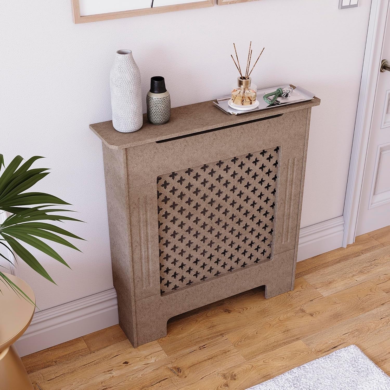 Small Radiator Cover | Unfinished MDF Cross Pattern Cabinet