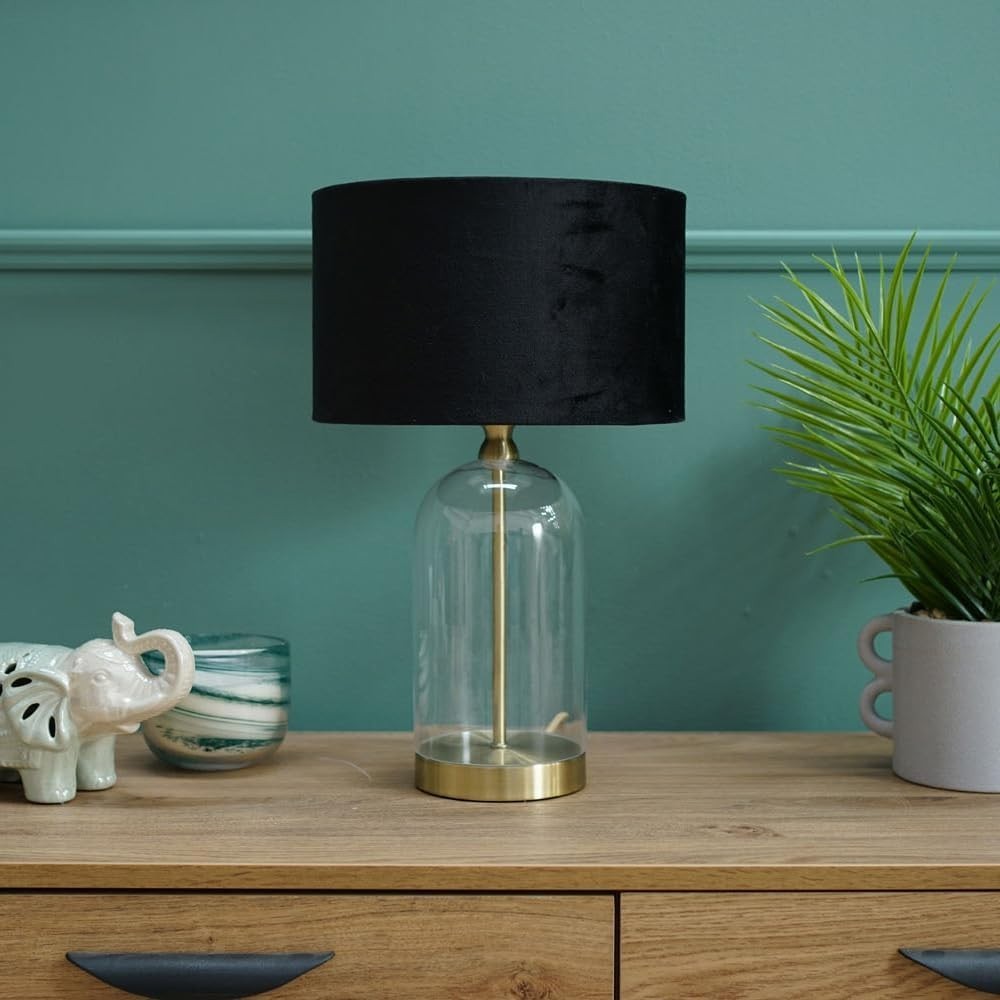 Gold Glass Table Lamp Black Velvet Shade Bedside Desk Light Modern Decor