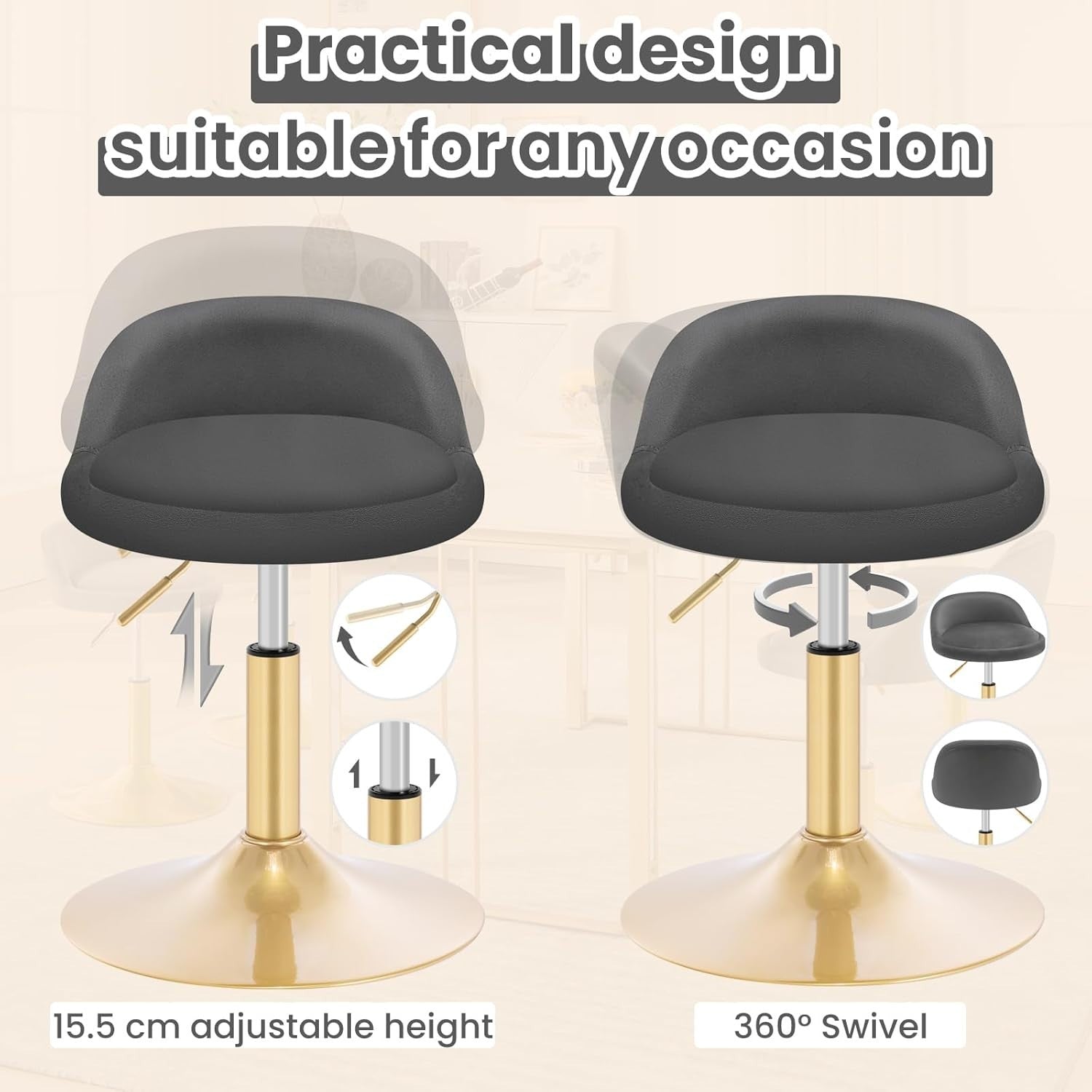 Dark Grey Velvet Swivel Stool Height Adjustable Round Chair Gold Base