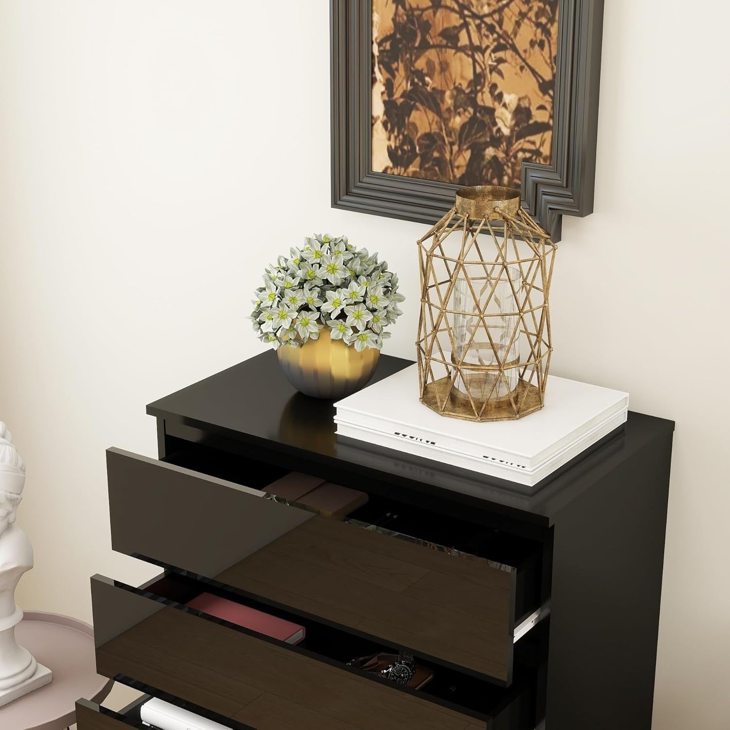 High Gloss 5-Drawer Wooden Dresser Chest Bedside Storage Organizer Black