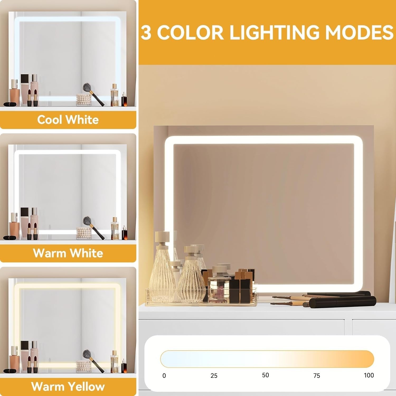 Makeup Vanity Table Mirror LED Lights Storage Drawers Modern White Dressing Desk