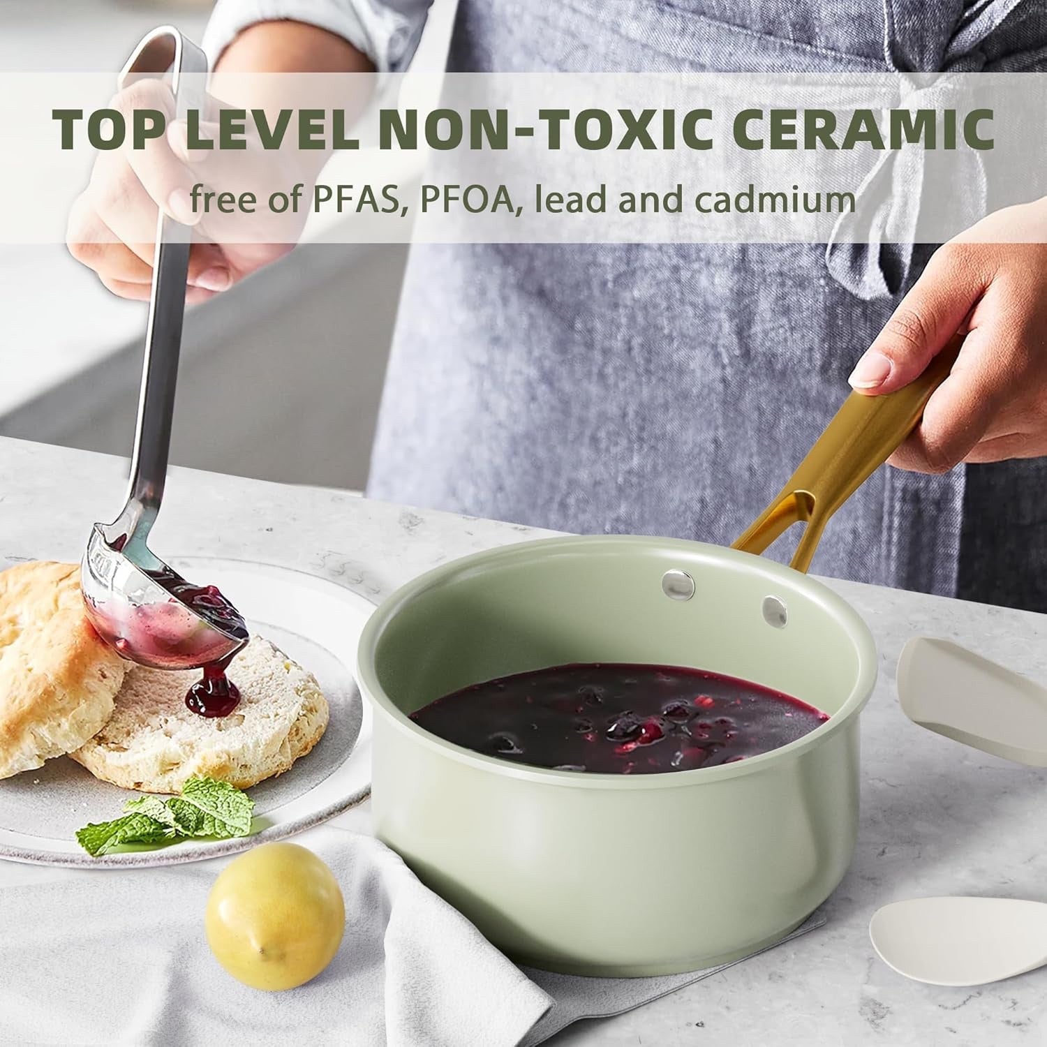 16Pcs Green Ceramic Non Stick Cookware Set with Lids & Utensils Induction Safe