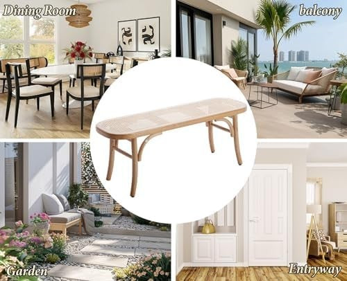 Natural Rattan Ottoman Bench with Wood Legs – Retro Hallway & Dining Seat