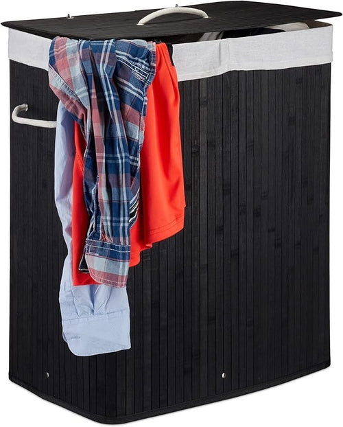95L Bamboo Laundry Hamper 2 Compartment Basket with Lid & Removable Liners