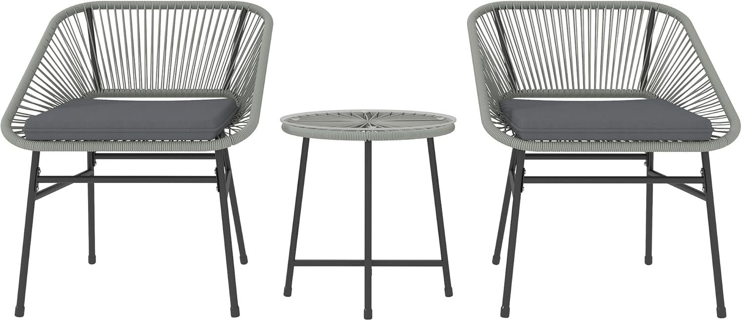 Light Grey Rattan Bistro Set 3PC Cushioned Chairs Round Table Balcony Patio