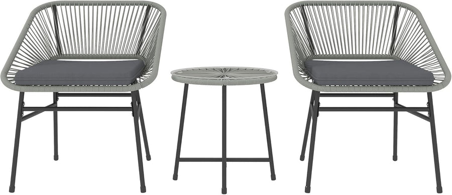 Light Grey Rattan Bistro Set 3PC Cushioned Chairs Round Table Balcony Patio