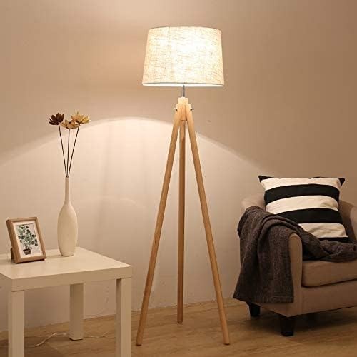 Tripod Floor Lamp Warm LED Reading Light Beige Shade Polished Wood