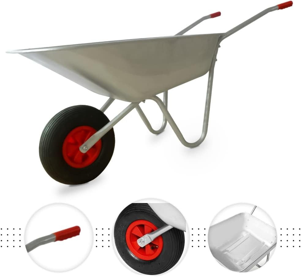 65L 1-Wheel Wheelbarrow Silver – Pneumatic Tyre Heavy Duty w/ Steel Frame 100kg