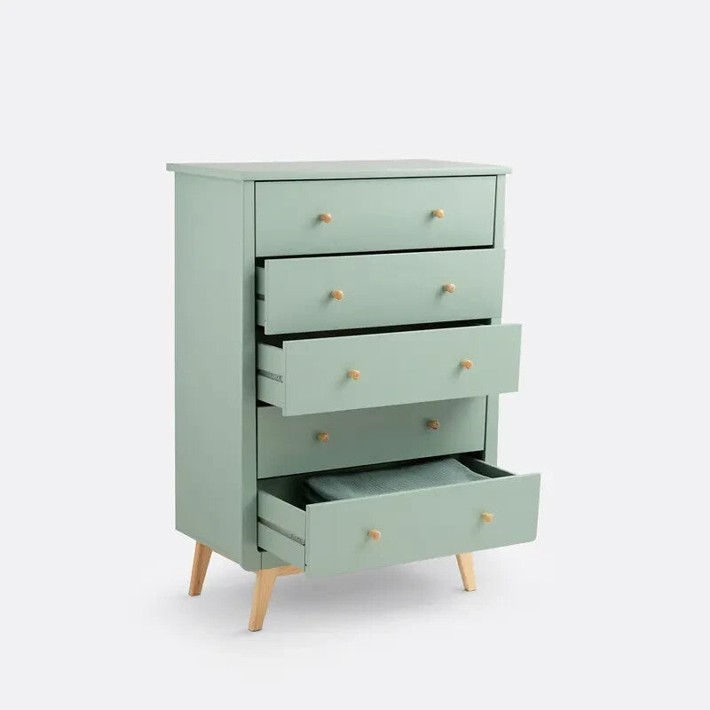 Tall 5-Drawer Chest Grey-Green Dresser 86 cm Bedroom Storage Pine Legs