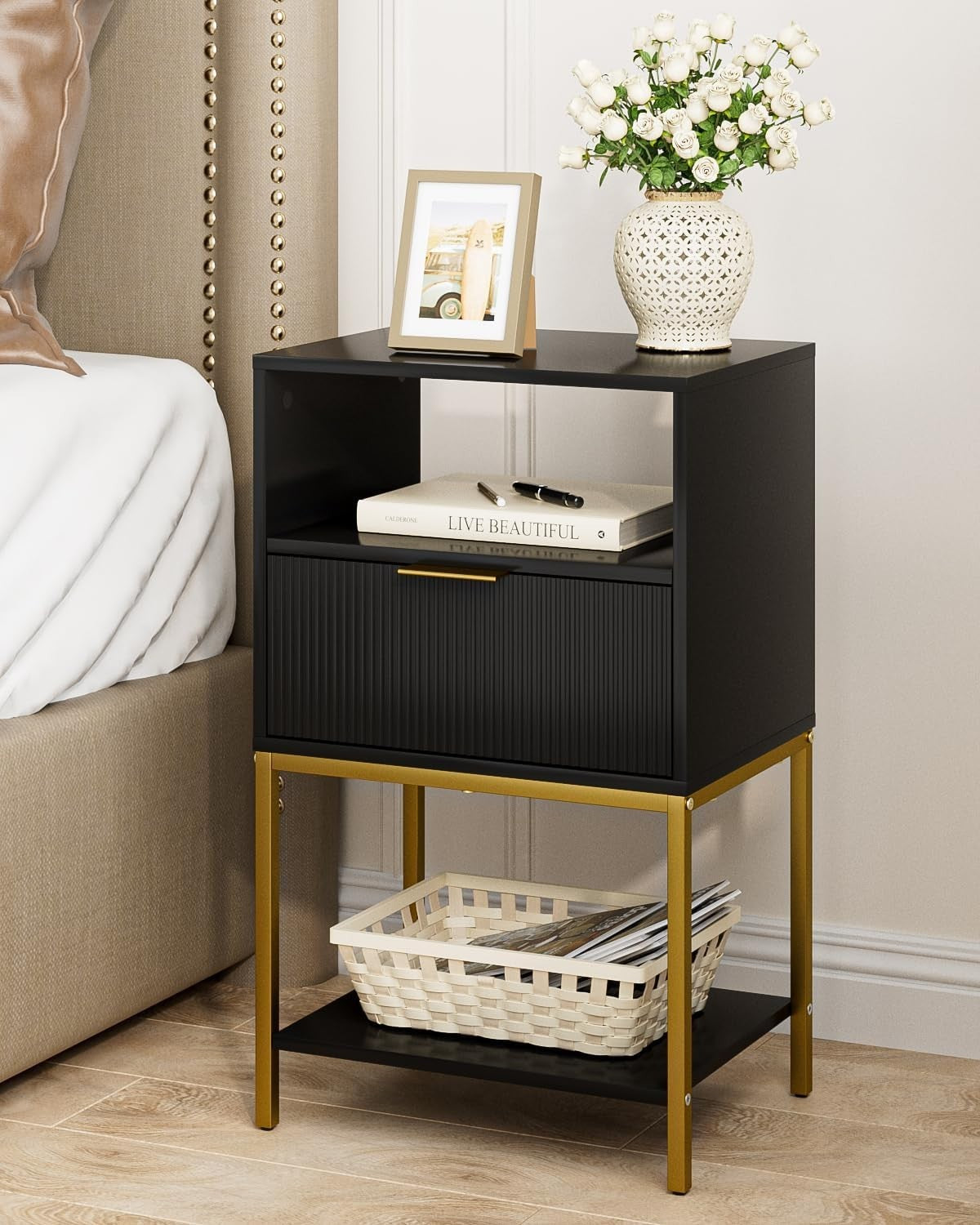 Modern Black Bedside Table with Gold Legs – 3-Tier Fluted Storage Nightstand