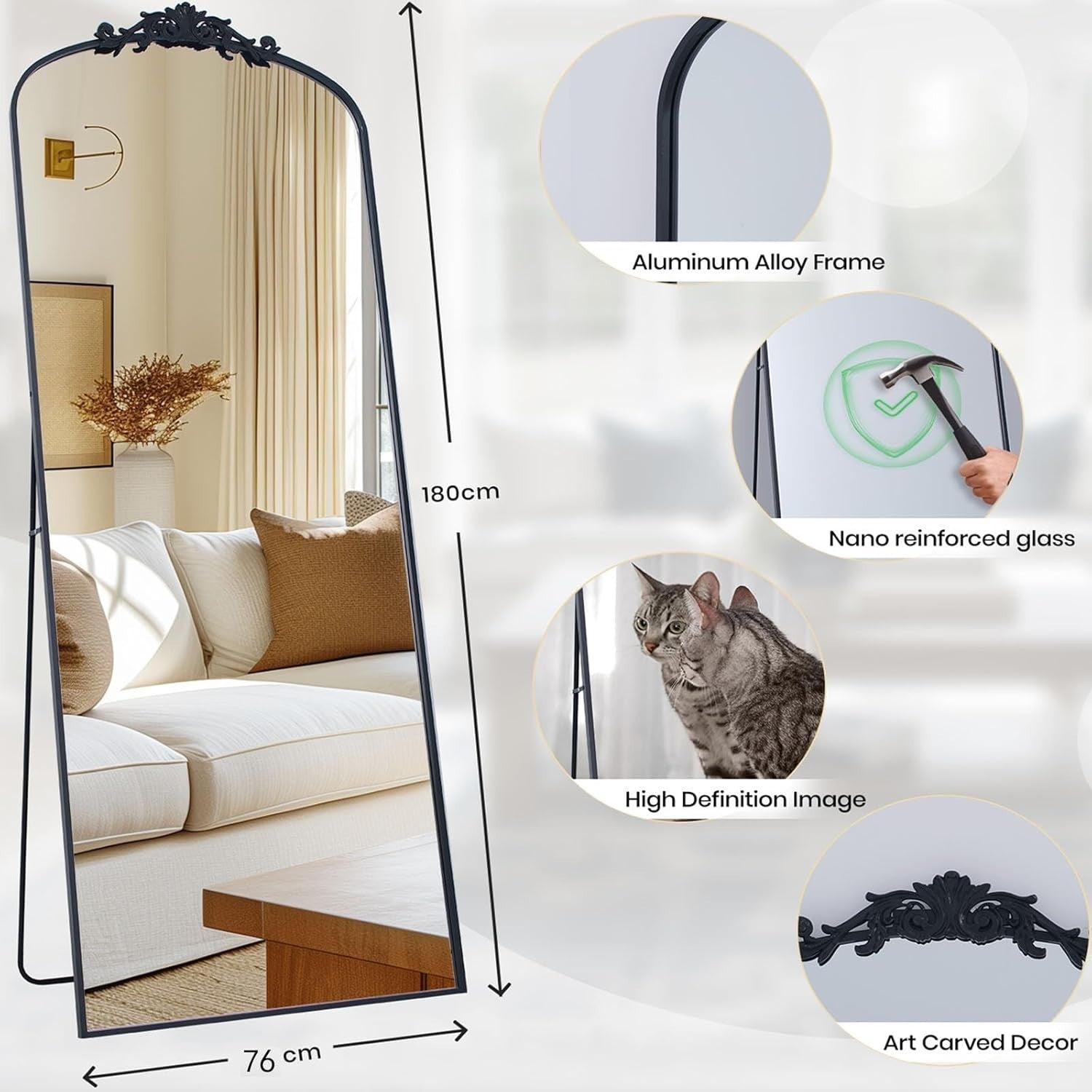 Oversized Full Length Mirror 180x76cm Arch Black Frame Leaning Wall Decor