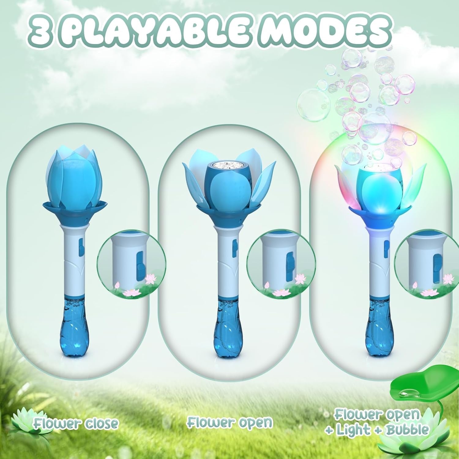 Lotus Bubble Wand for Kids LED Rechargeable Bubble Machine Blue
