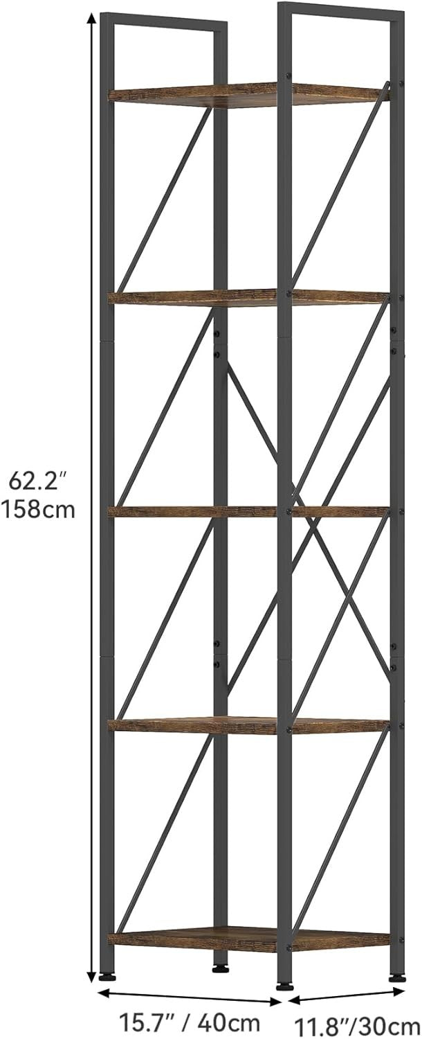 5-Tier Industrial Bookshelf | Metal Frame Rustic Wood Shelves Tall Display Unit