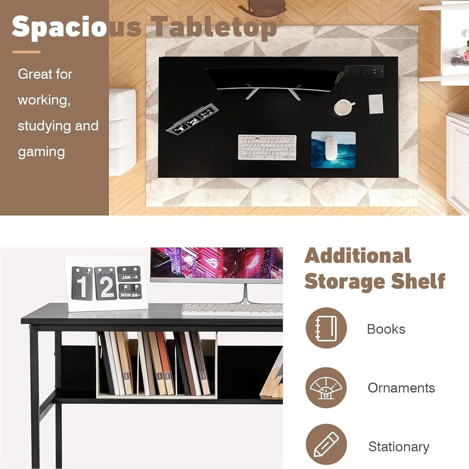 Black Computer Desk 120x60cm Wooden Study Table with Power Outlet & Shelf
