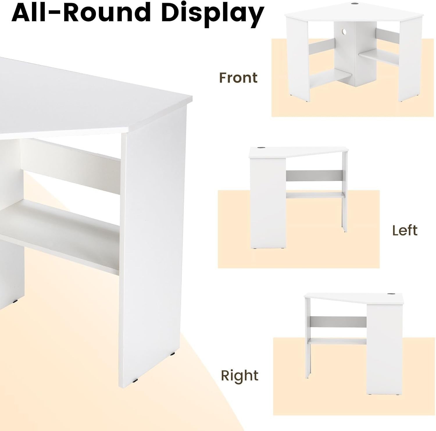 White Corner Computer Desk 120cm with Shelves, Compact 90° Study Table
