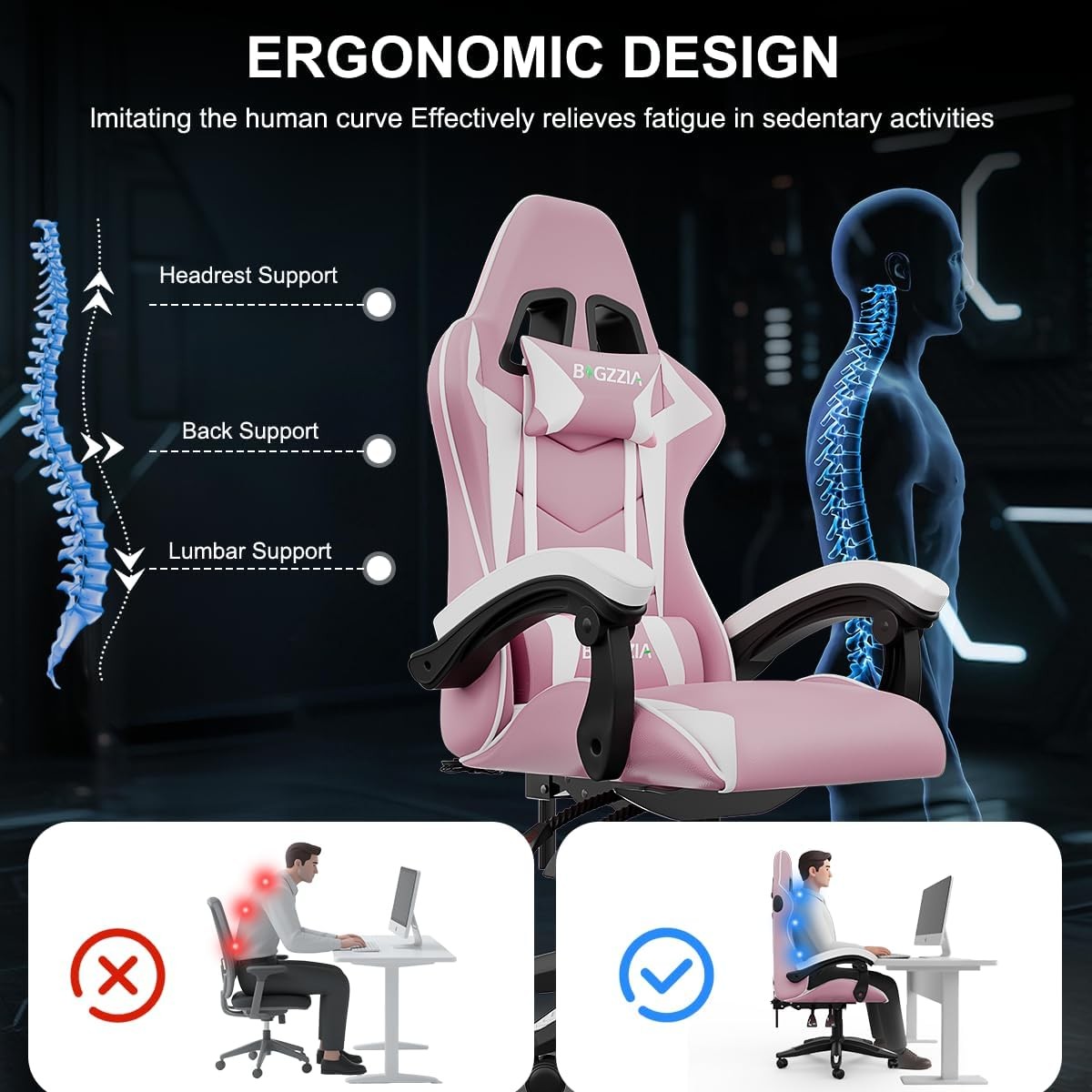 Gaming Chair Pink w/ Bluetooth Speakers Reclining Ergonomic