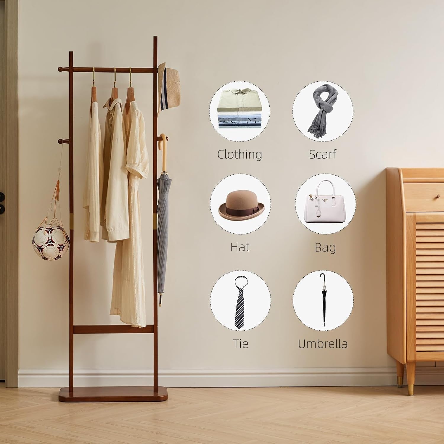 Modern Wooden Coat Rack Stand 180cm 5 Hooks Free Standing Clothes Organizer