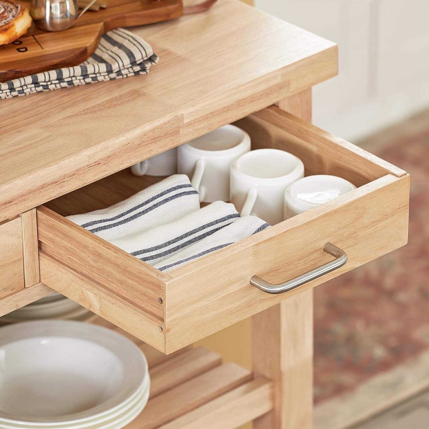 80x40x90cm Rubberwood Kitchen Trolley 2 Drawers