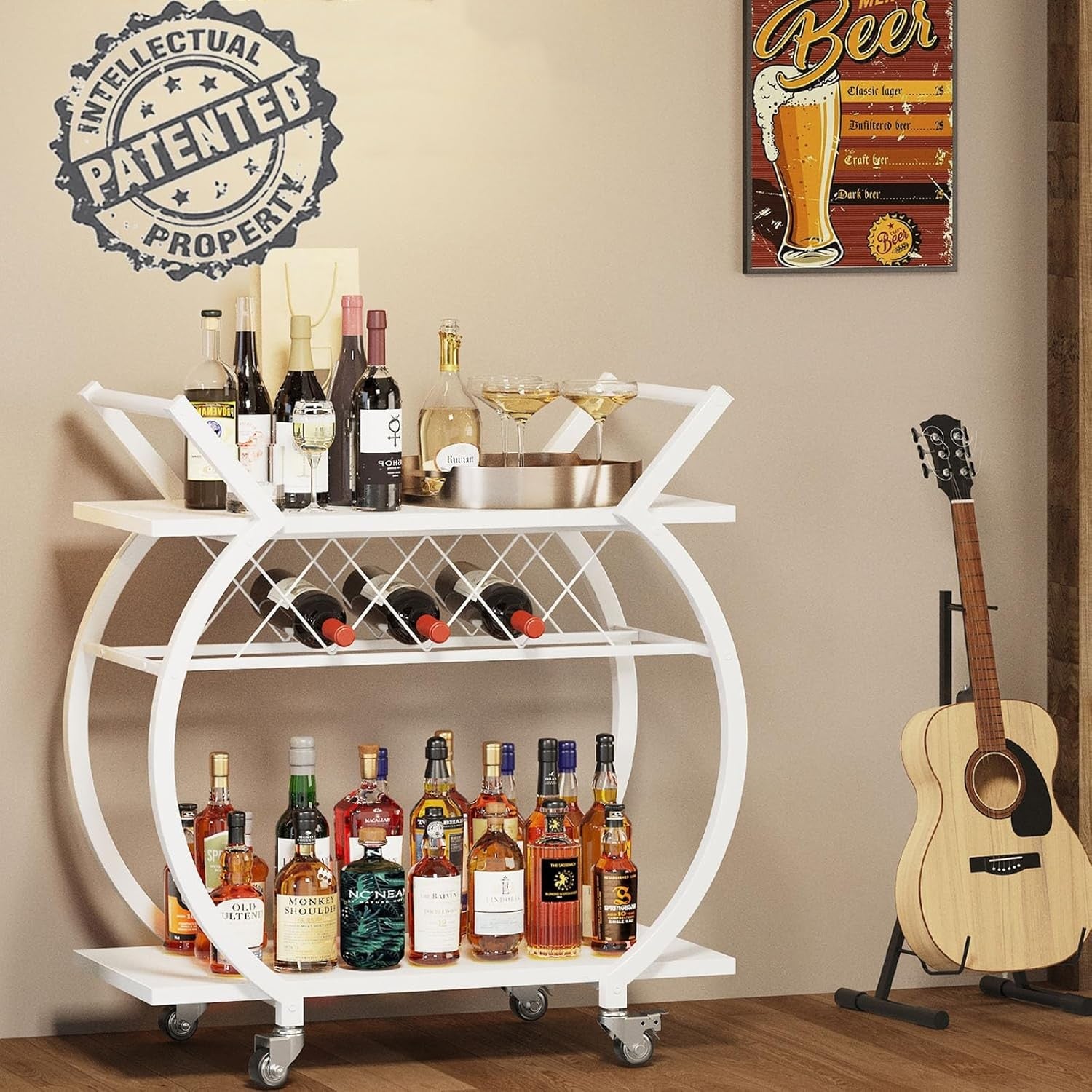 Rolling Bar Cart Drinks Trolley on Wheels Wine Rack Lockable Modern White