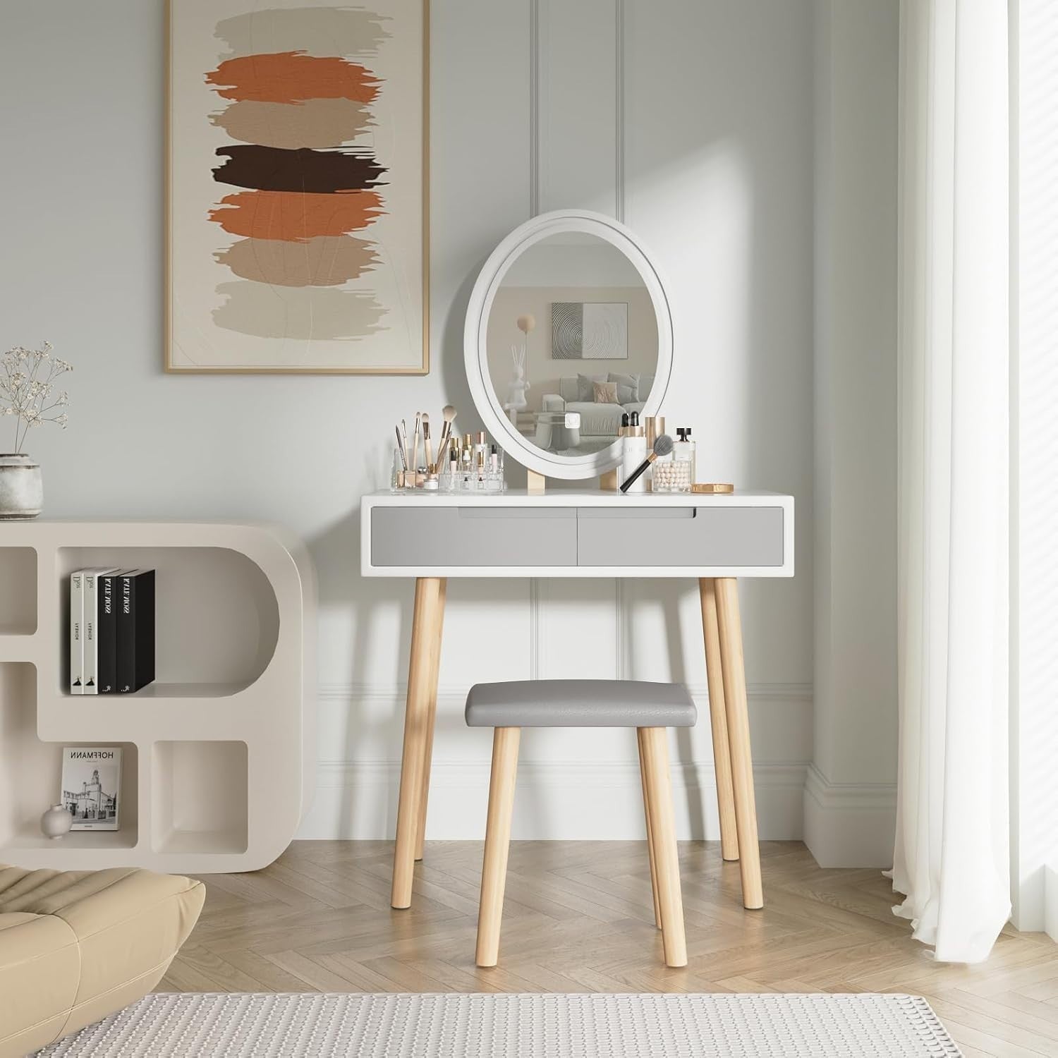 Vanity Makeup Dressing Table Set W/ Lighted Oval Mirror Stool 2 Drawers Storage