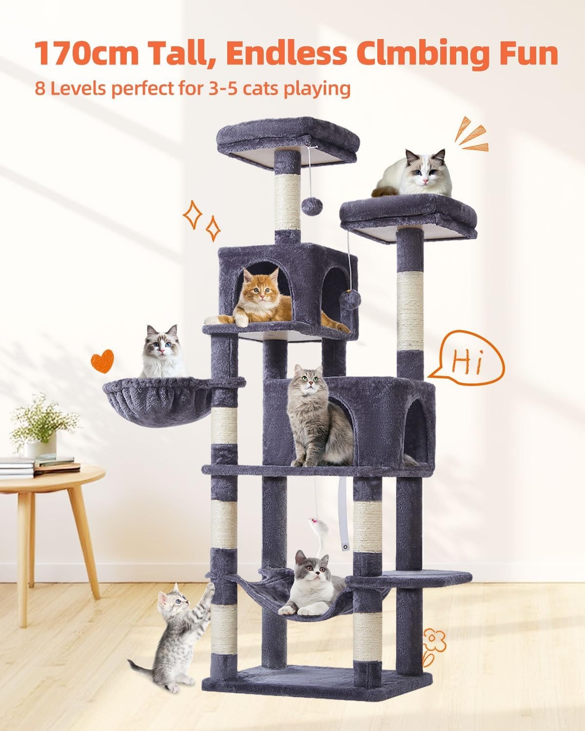Large Cat Tree Tower 170cm Multi Level Scratching Posts Condos Hammock