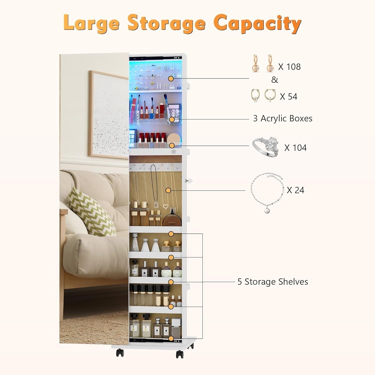 White 360° Rotating LED Jewelry Cabinet Mirror Lockable Rolling Storage