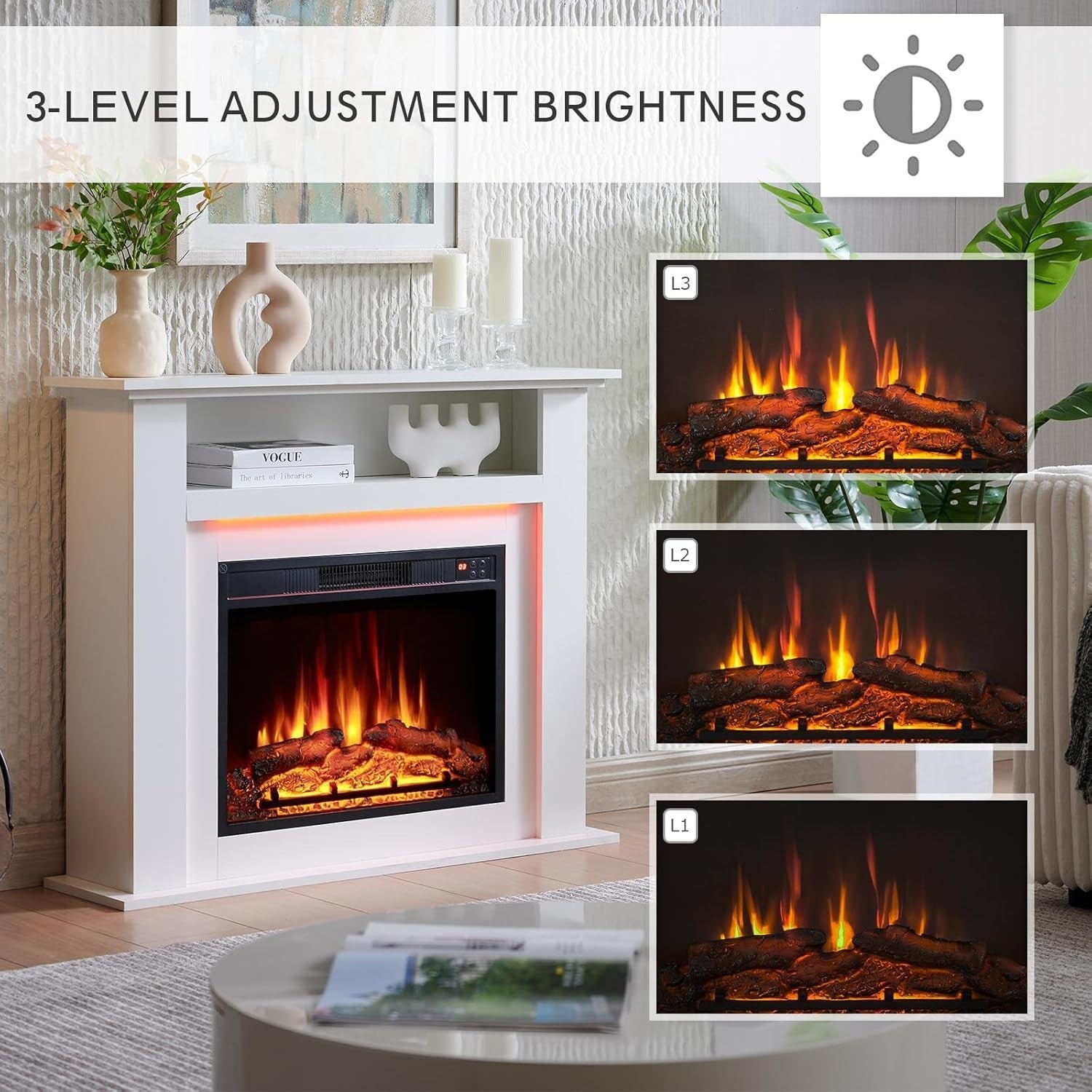Electric Fireplace Heater with LED Flame & Surround, 39" White Mantel