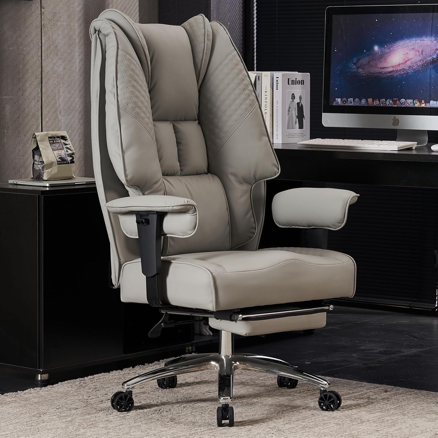 Heavy Duty Big Tall Office Chair PU Leather Oversized Desk Seat Light Grey