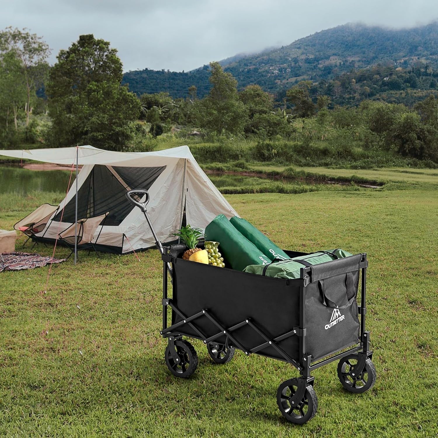 150L Folding Festival Trolley Camping Wagon Heavy Duty Garden Beach Cart Black