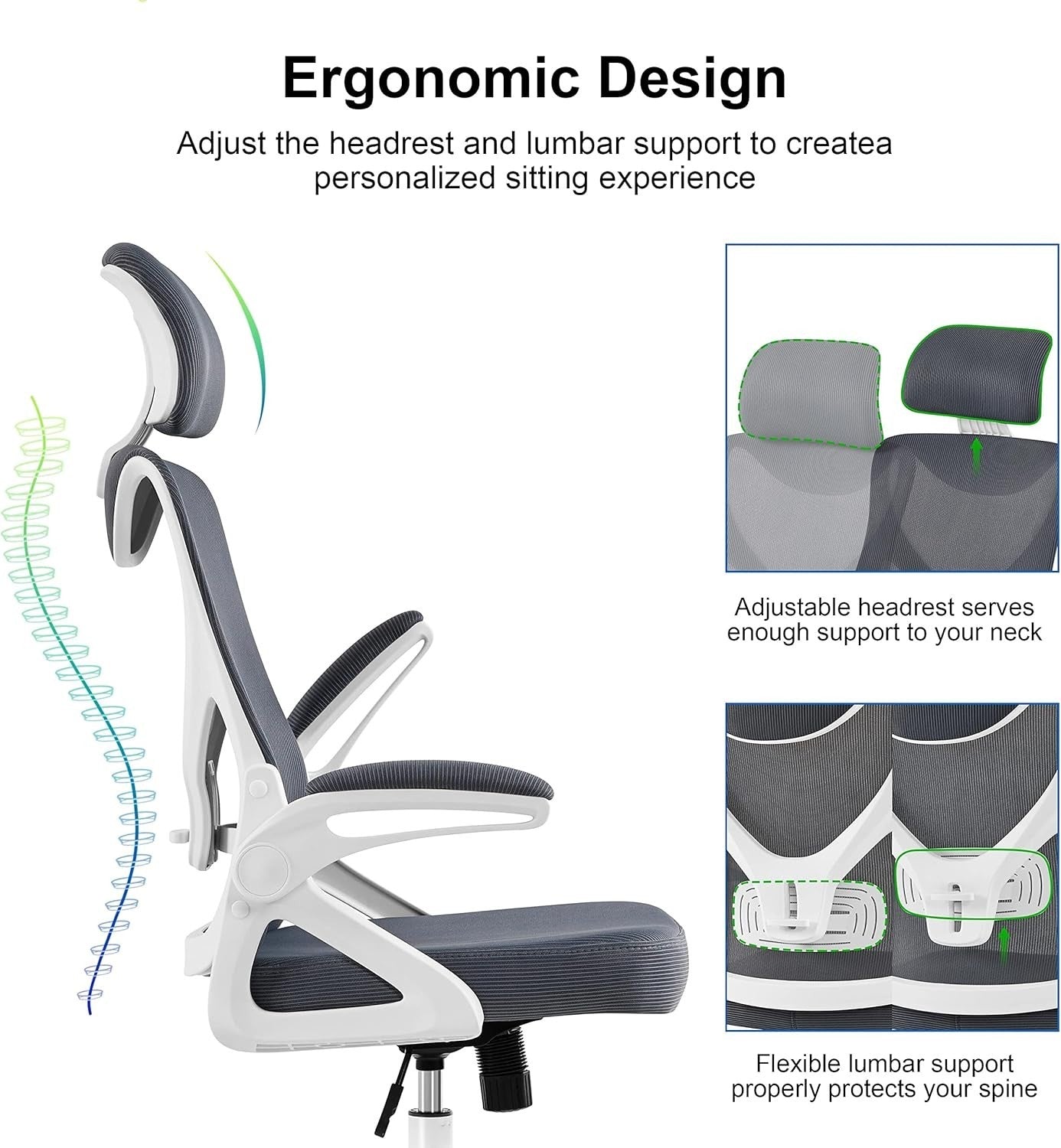 Ergonomic Mesh Office Desk Chair Adjustable Height Lumbar Flip-up Arms White/Gre
