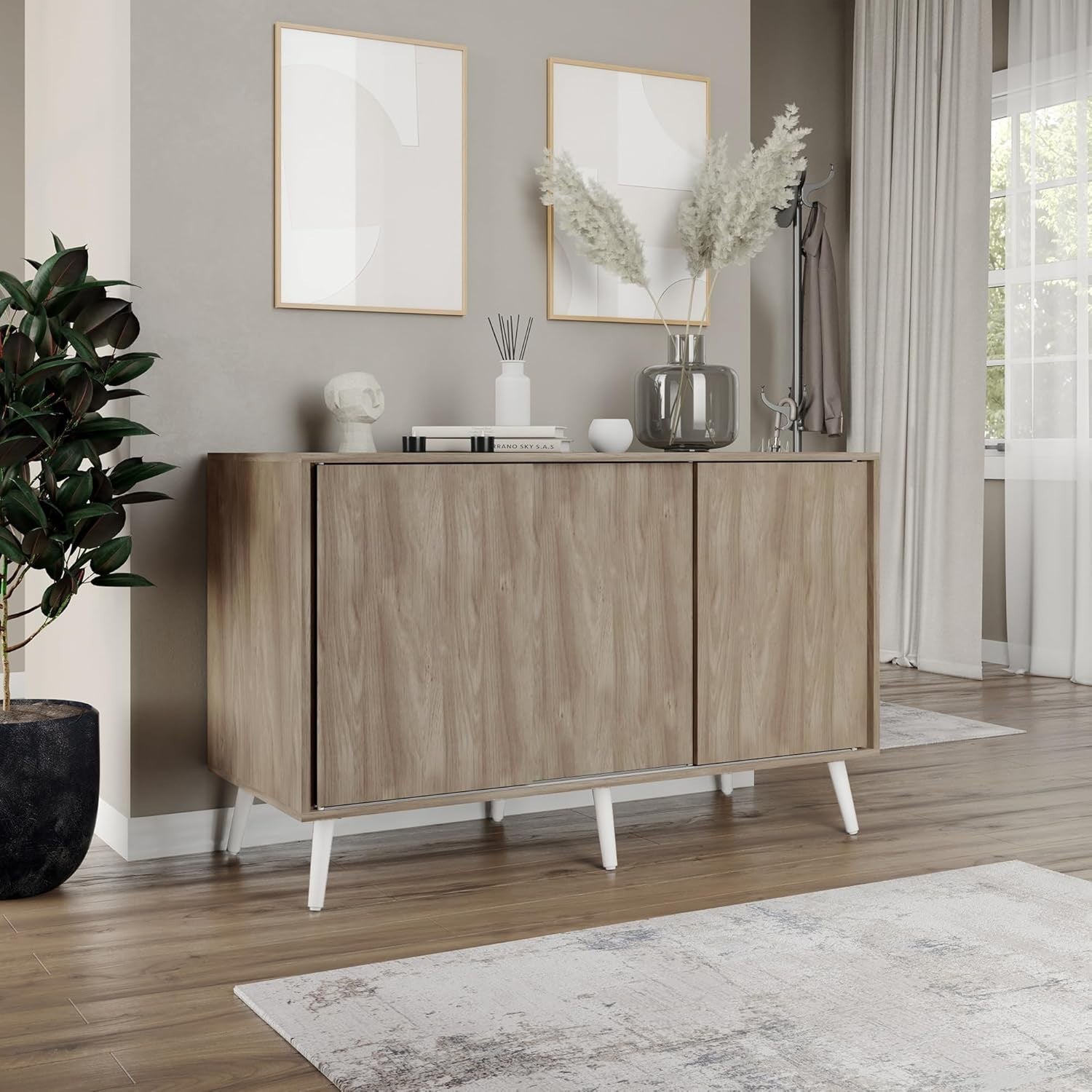 Oak Sideboard Cabinet Storage Unit Sliding Doors Modern Wooden Cupboard