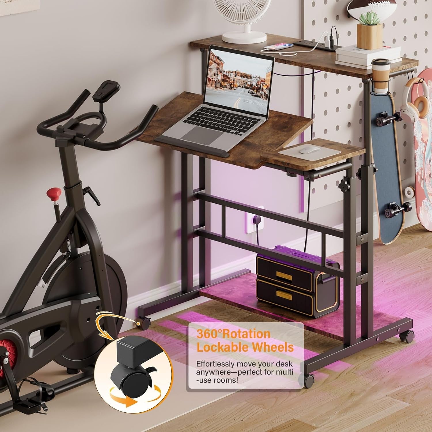 Height Adjustable Standing Desk with Power Outlets Rolling Stand Table