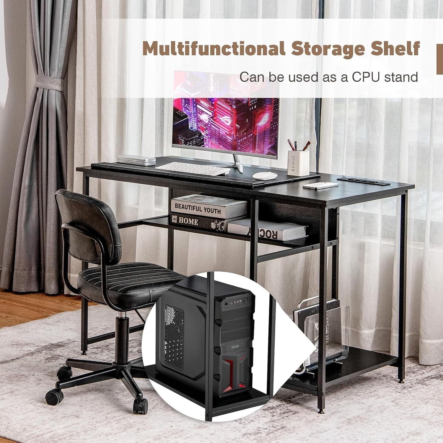 Black Computer Desk 120x60cm Wooden Study Table with Power Outlet & Shelf