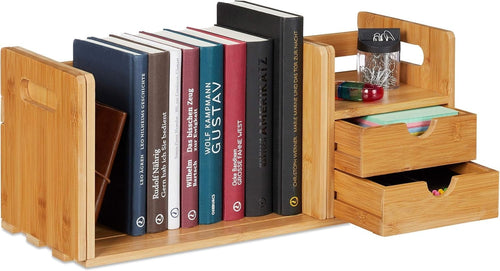 Bamboo Desk Organizer with 2 Drawers & Pull-Out Bookshelf – Tabletop Storage